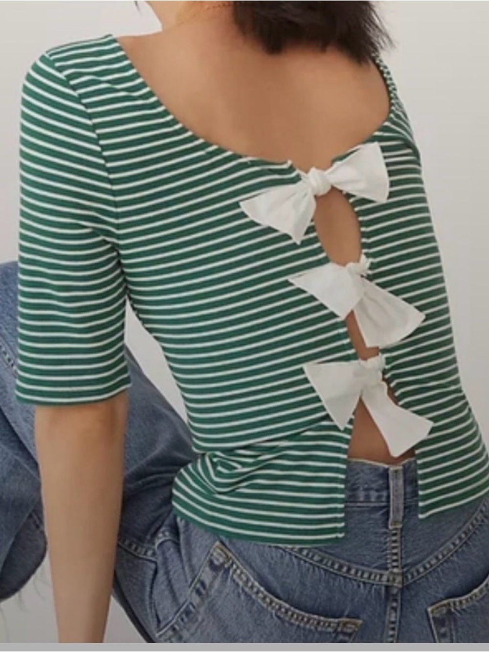 Anthropologie S Striped Tie Open Back Casual Top Bow Boho Preppy Cotton